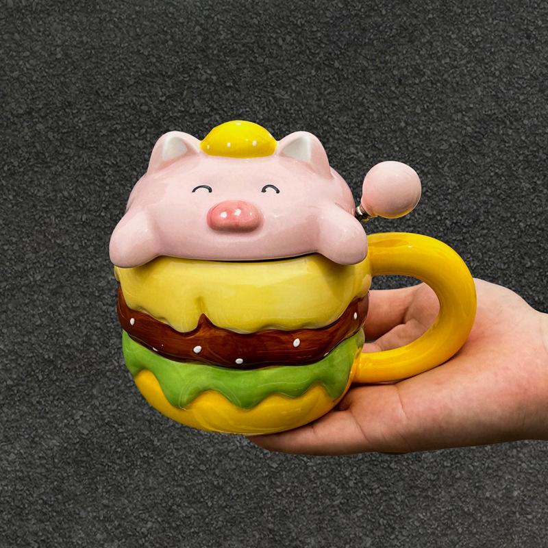 Hochwertige Cartoon-Hamburger-Keramiktasse mit Deckel zum Verschenken als Geburtstagsgeschenk an die beste Freundin eines Mädchens. Becher, praktisches Souvenir. 401-500ml
