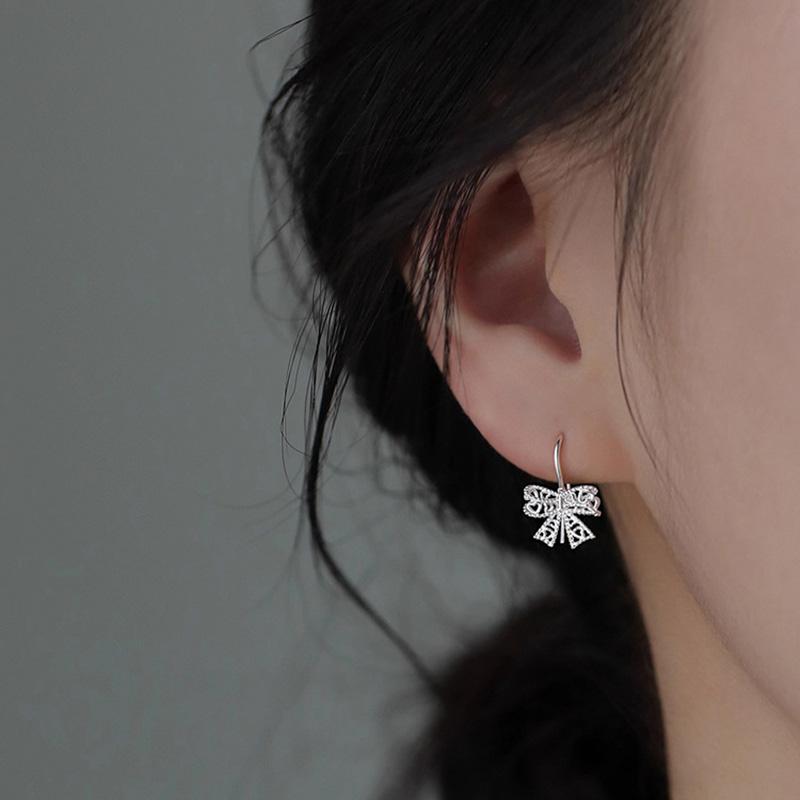 Real 925 Silver Lace Bowknot Stud Earrings For Women Party Classic Fine Jewelry Light Accessories