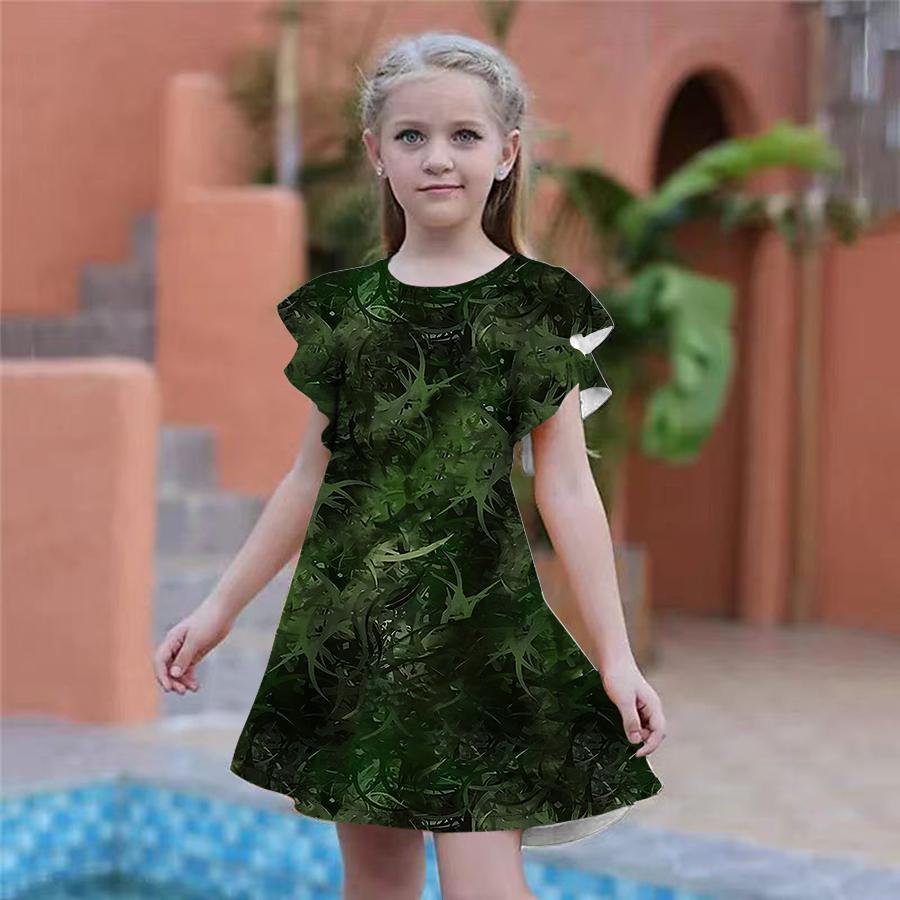 Dívčí modré šaty s potiskem javorového listu Dětské Dívčí společenské šaty Volný střih Volný střih sukně s krátkým rukávem pro dívky starší čtyř let