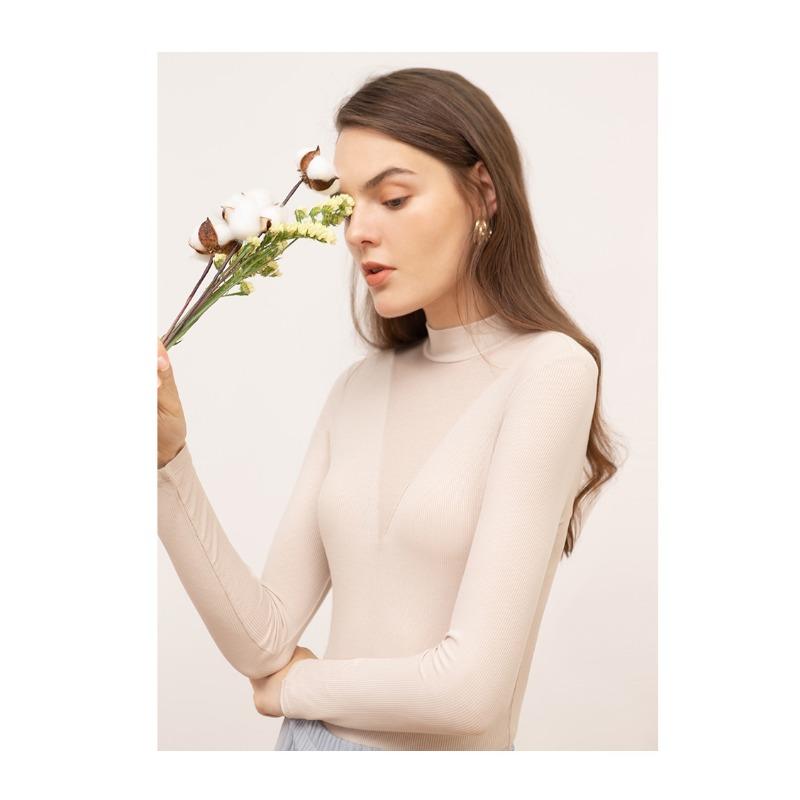Mid Autumn Splicing Half High Collar Solid Color Long Sleeve T-shirt for Women Bottom Shirt