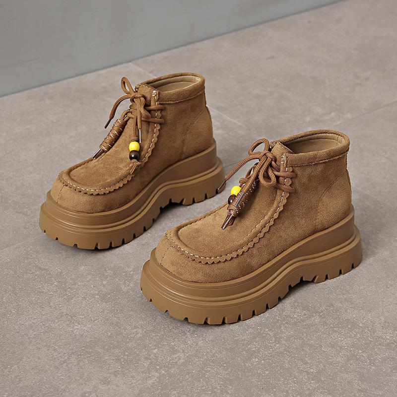 Retro semišové kulaté martensky pro dámskou módu 2025 nové módní všestranné pásky silná podrážka podpatek kotníkové boty