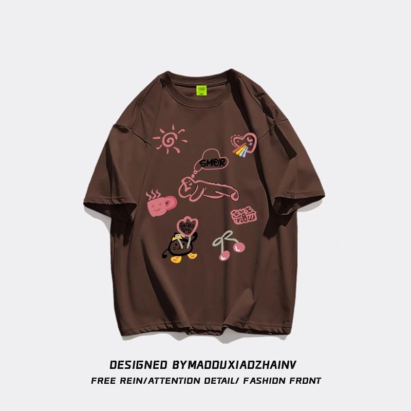 Women's Loose-Fit Cartoon Print Pure Cotton T-Shirt, Chic Hong Kong Style, Trendy American Brand, Plus Size Available