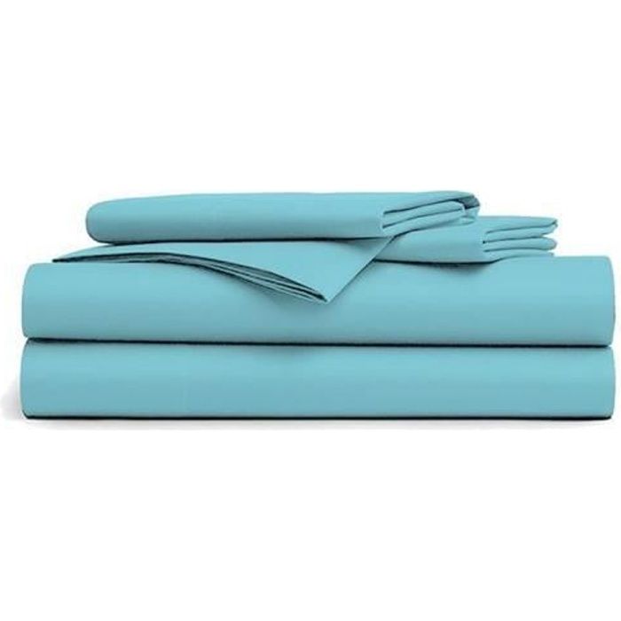 Drap Plat - DUBLANC - 240x300cm - Bleu Ciel - 100% Coton - Grand Bonnet Extensible