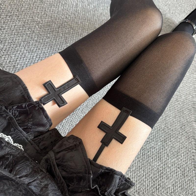 Gotische Kreuz-Hosenträgerstrümpfe Für Damen Schwarz Weiß Punk Y2K Oberschenkelhoch Strumpfwaren Sexy Lolita Jk Mädchen Lange Strumpfhosen Strumpfhosen One Size gray