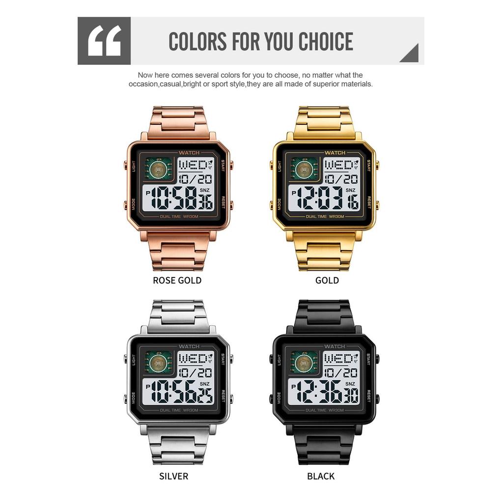 Reginald Watches for Men Fashion Trend Multifunction Outdoor Sports Watch LED Large Digital Display Chronograph Stainless Steel Square Watches