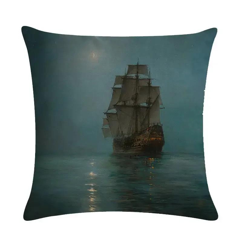 Home Decor Sailing Ships: Vintage Maritime Pillow Covers Pattern Cushion Cover Suitable For Sofa Bedroom Car Pillow Cover
