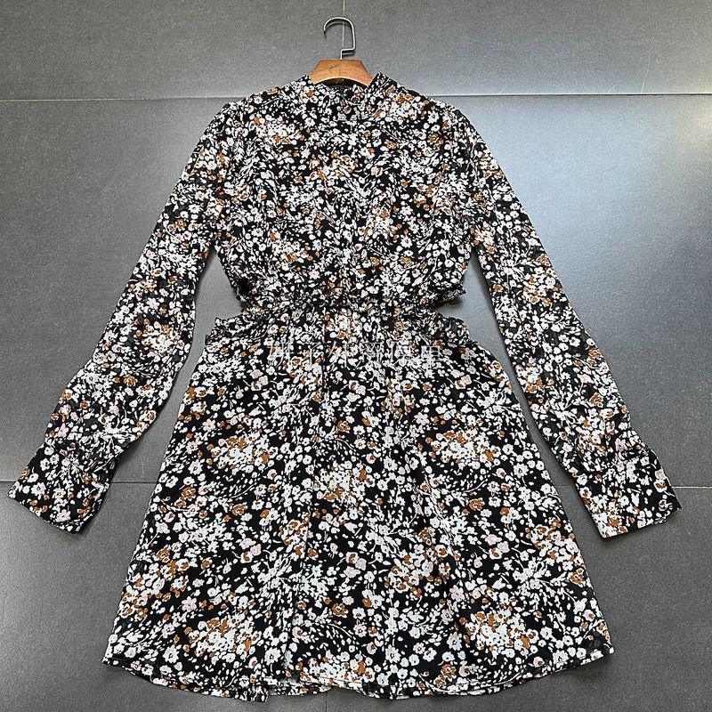 

American Lush Retro Hong Kong Style Floral Small Stand-Collar Hollow-out Midriff Outfit French Dress A- line Long Sleeves Chiffon Dress Black floral skirt (slightly flawed/random hair) L