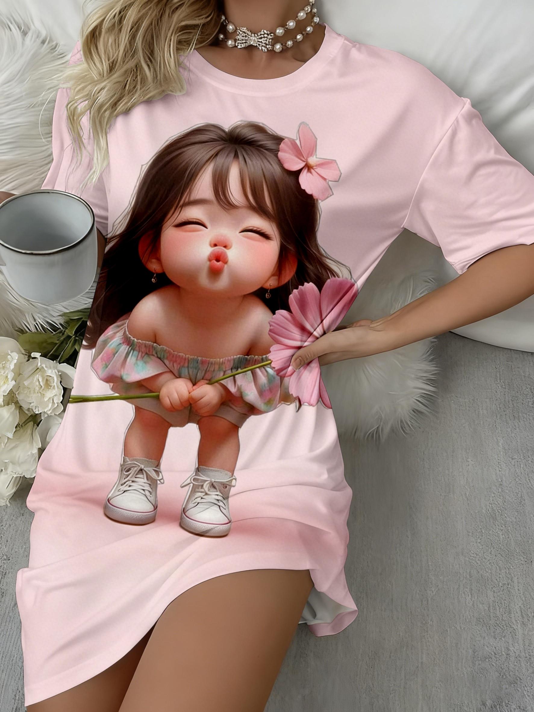 Women s Floral Kissing Cute Pattern Print Round Neck Short Sleeve Loungewear Nightdress 3XL