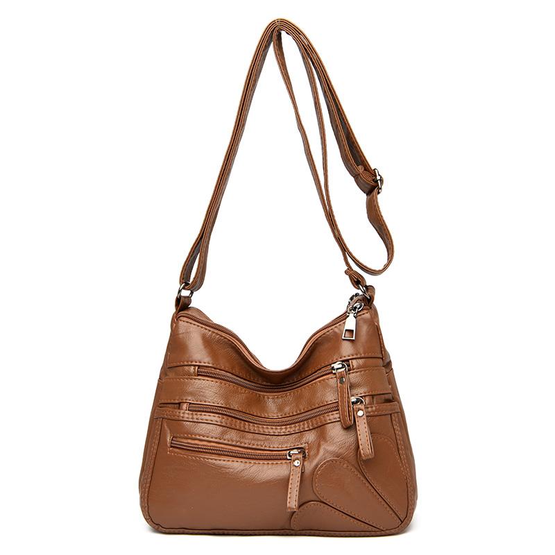 Borsa a tracolla multistrato in morbida pelle tinta unita da donna, grande capacità, borsa da viaggio multifunzionale sottobraccio