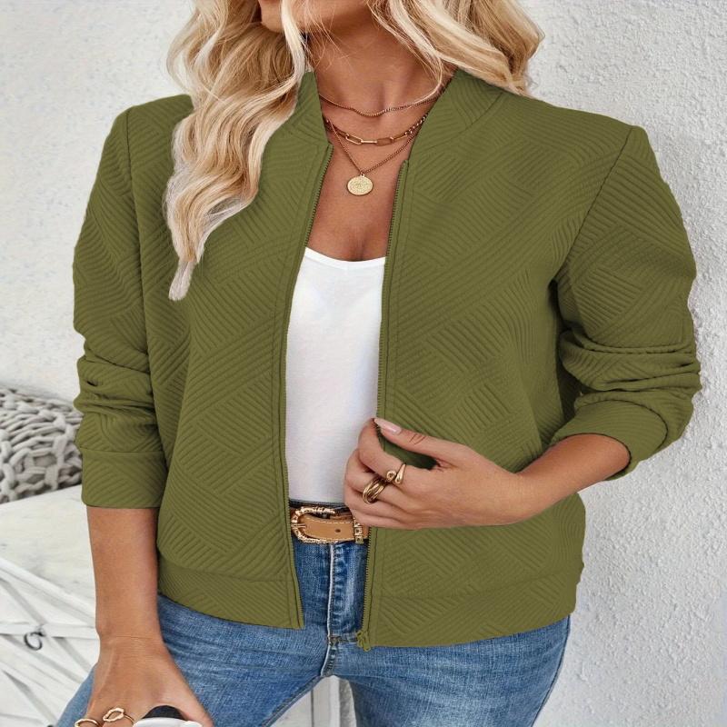 Women's Solid Textured Zip Up Jacket Casual Long Sleeve Mock Neck Outerwear for Spring & Fall  Ladies Clothes for Daily Wear