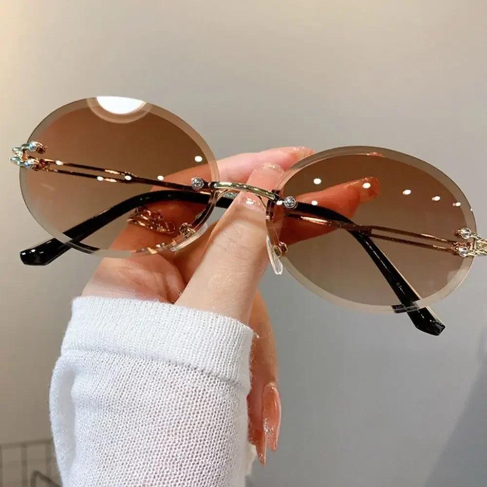 Fashion Vintage Cat Eye Metal Frame Rimless Sunglasses Retro Women Gradient Multicolor Women Outdoor Travel Sun Glasses