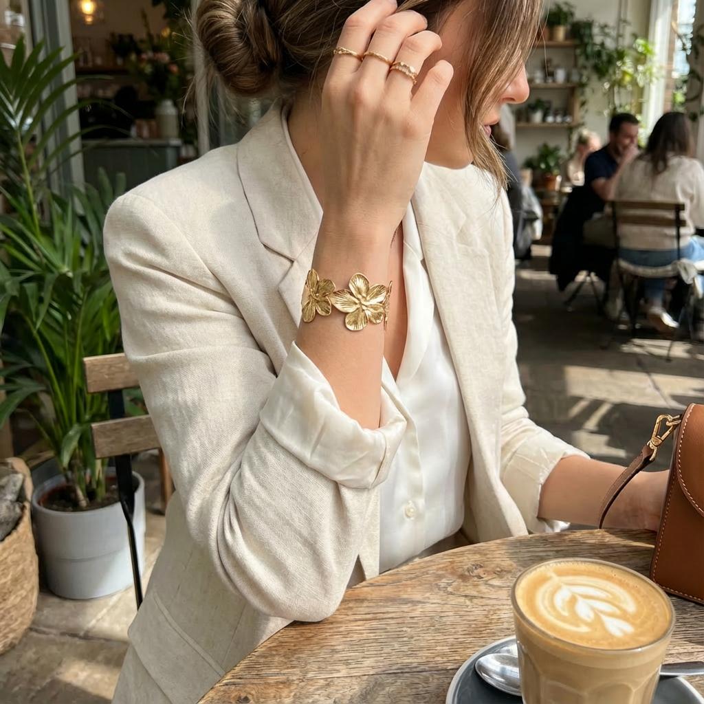 Boho Gold Color Flower Cuff Bangle for Women Vintage Aesthetic Big Floral Open Wide Wristband 2026 Summer Beach Vacation Jewelry