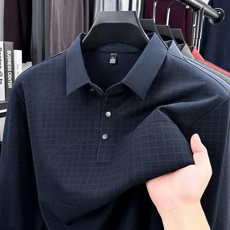 Men Lapel Collar Jacquard Long Sleeve Polo Shirt Button Placket Business Casual Top