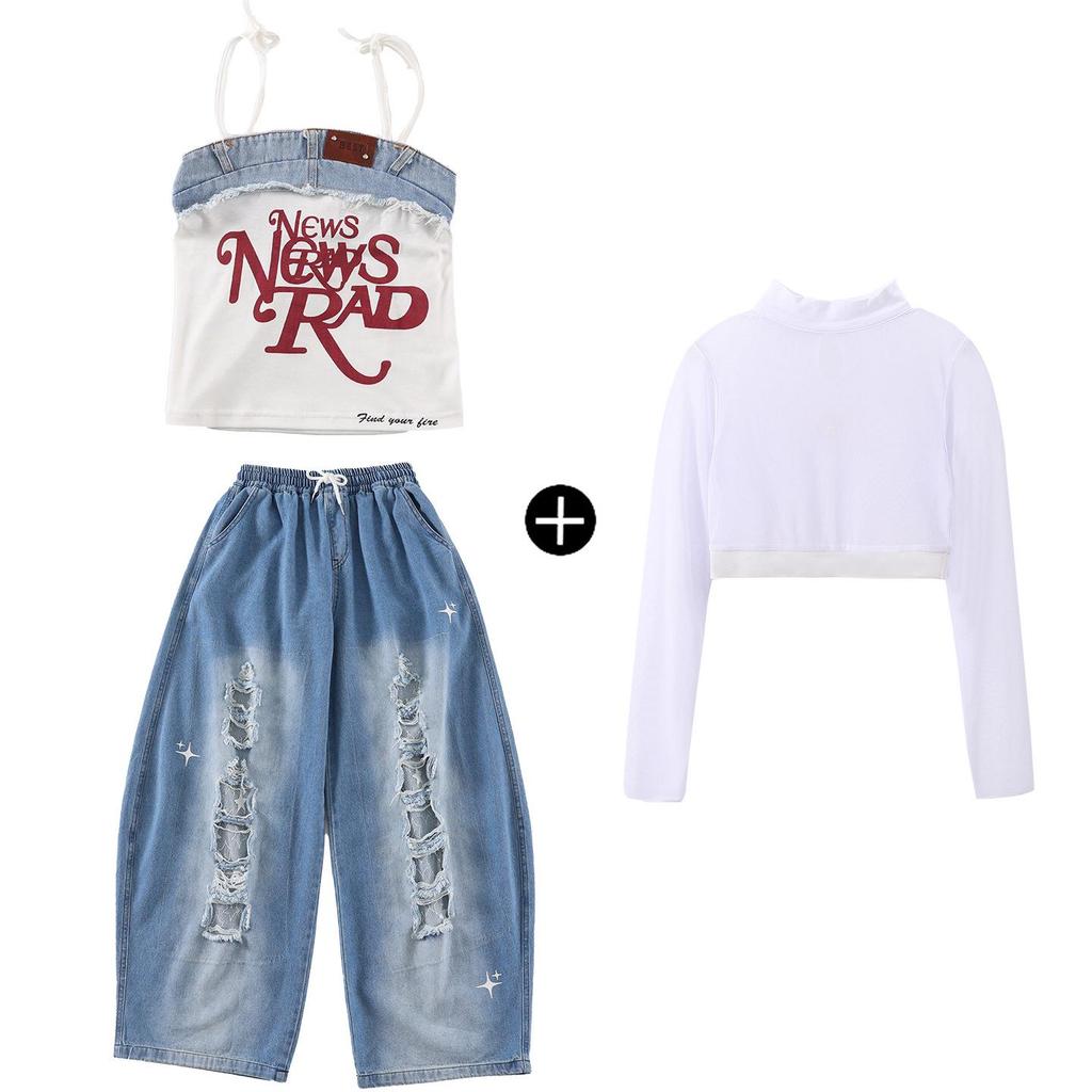 Kids' Street Dance Trendy Outfits: Color Block Hip Hop Tops & Denim Work Pants for Girls & Boys