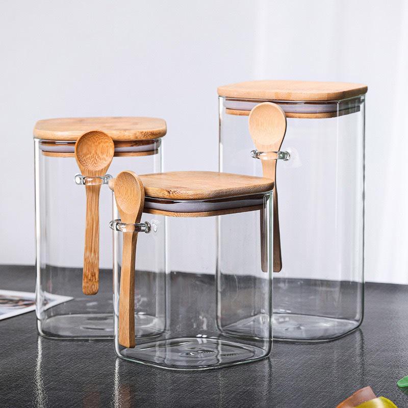 Japanese Airtight Square Glass Jar with Spoon for Kitchen - Perfect for Storing Grains, Dried Fruits, and Coffee Beans.