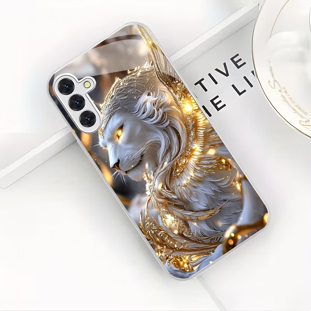 Zaawansowane Srebrne Szklane Etui na Telefon z Lwem Pasujące do Samsung Galaxy S26 S25 S24 S22 S21 S20 FE/Ultra/Plus Odporne na Upadki