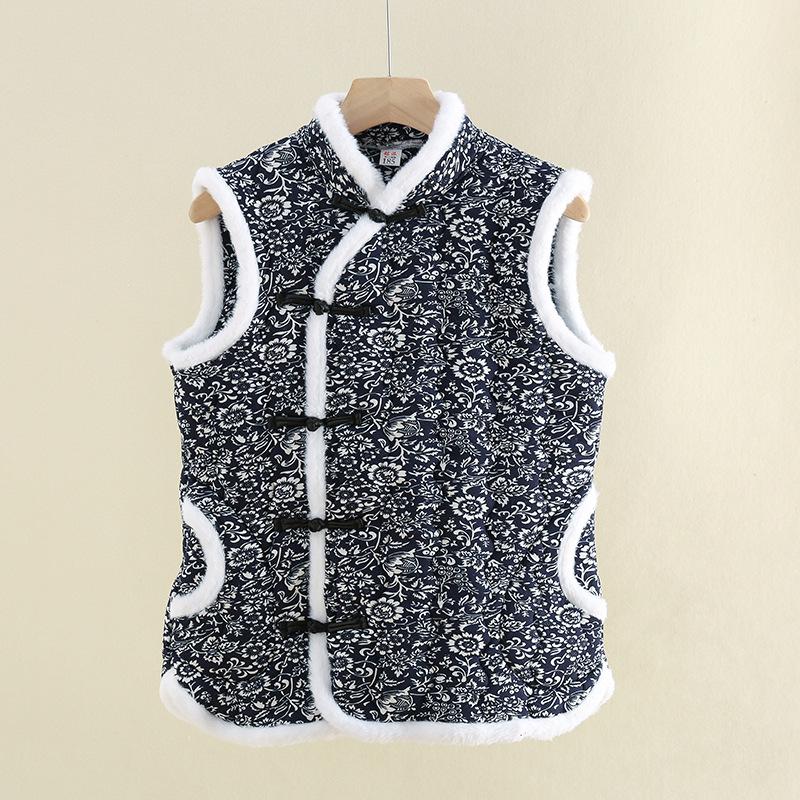 Damska pikowana kamizelka bawełniana z kwiatowym wzorem i guzikami w kształcie żabki - Ciepła bezrękawnikowa odzież wierzchnia na jesień/zimę