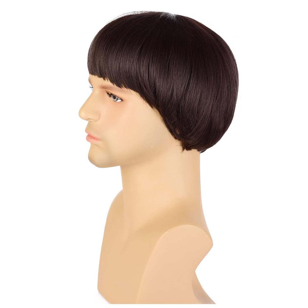 Synthetische Korte Bruine Paddenstoel Cosplay Pruik voor Mannen, Komvormig Kapsel, Anime Retro Pruik, Geschikt voor Films, Feest, Meerkleurige Pruik