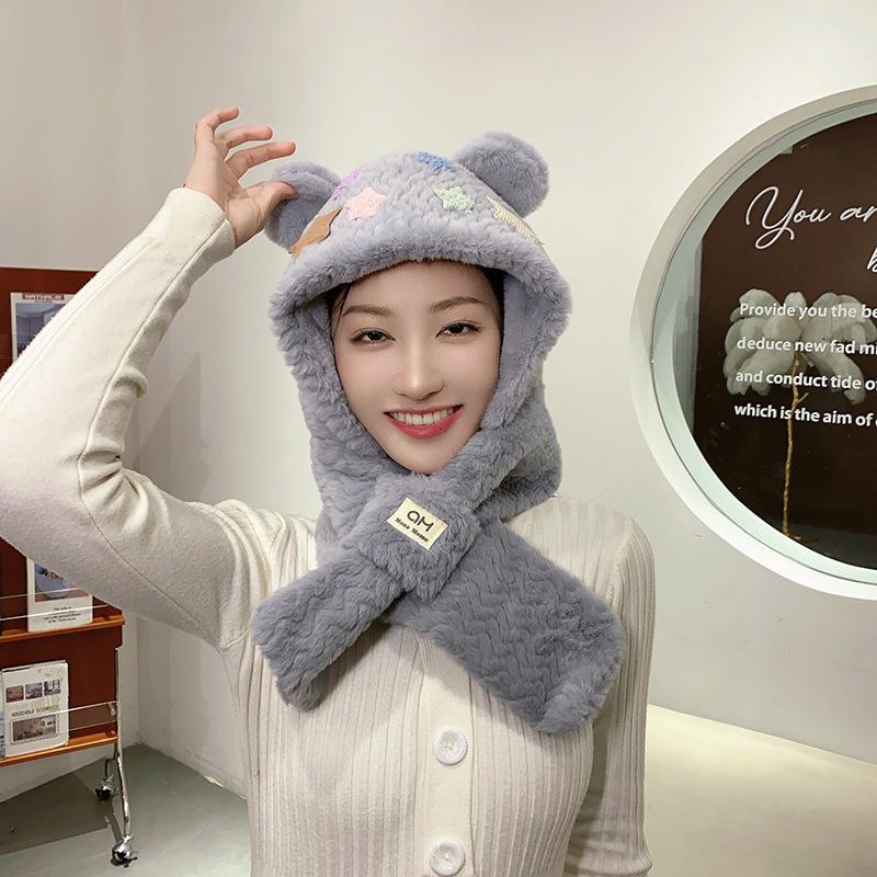 Cute bear star child scarf integrated autumn and winter warm and cold cycling plush hat woman