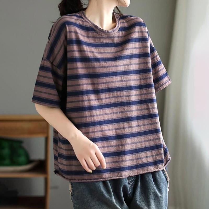 T-shirt for Women Summer Large Size Cotton T-shirt Soft Loose Printed Casual Striped Pullover T-shirt Top