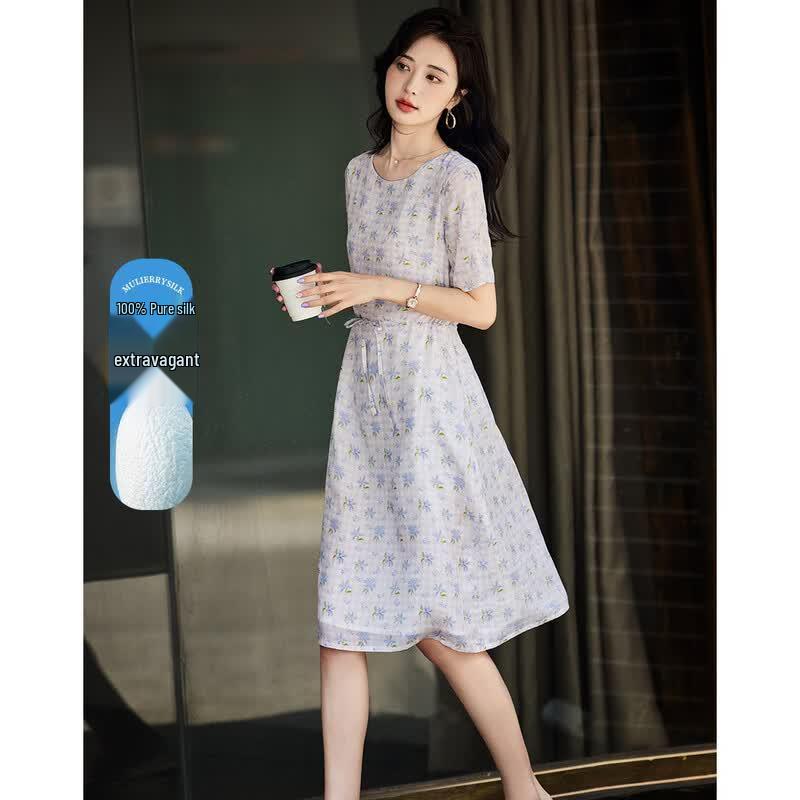 Demana Floral Mulberry Silk Drawstring Dress S