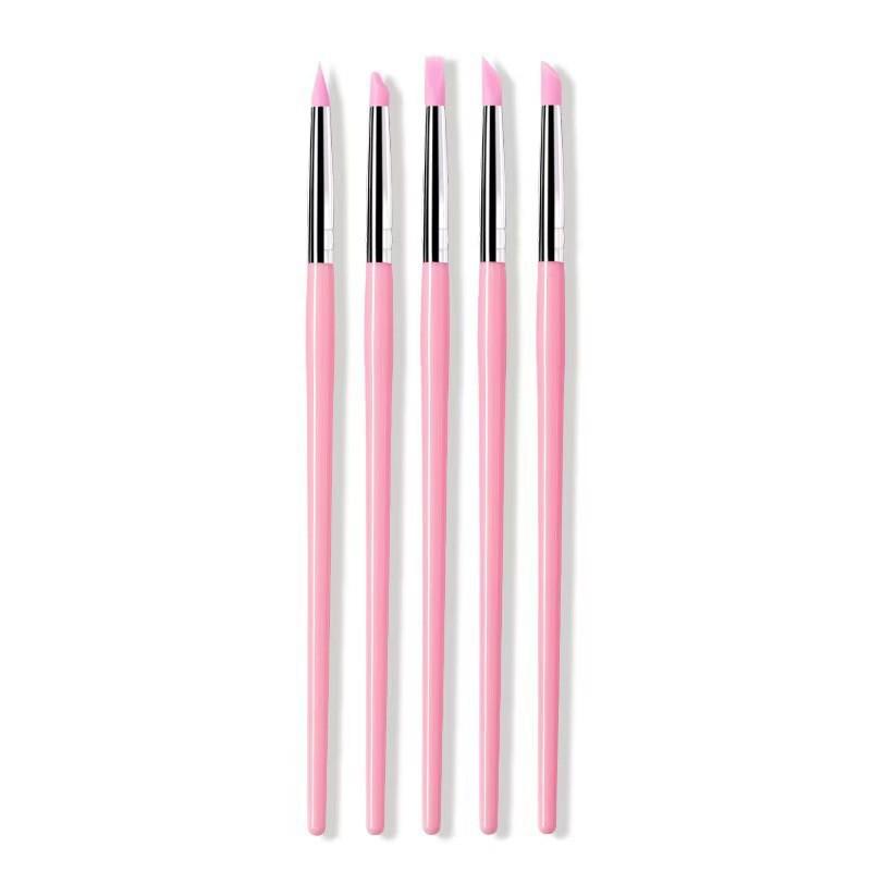 5-Piece Pink Silicone Nail Art Pen Set: Dotting, Embossing, and Powder Pressing Tools