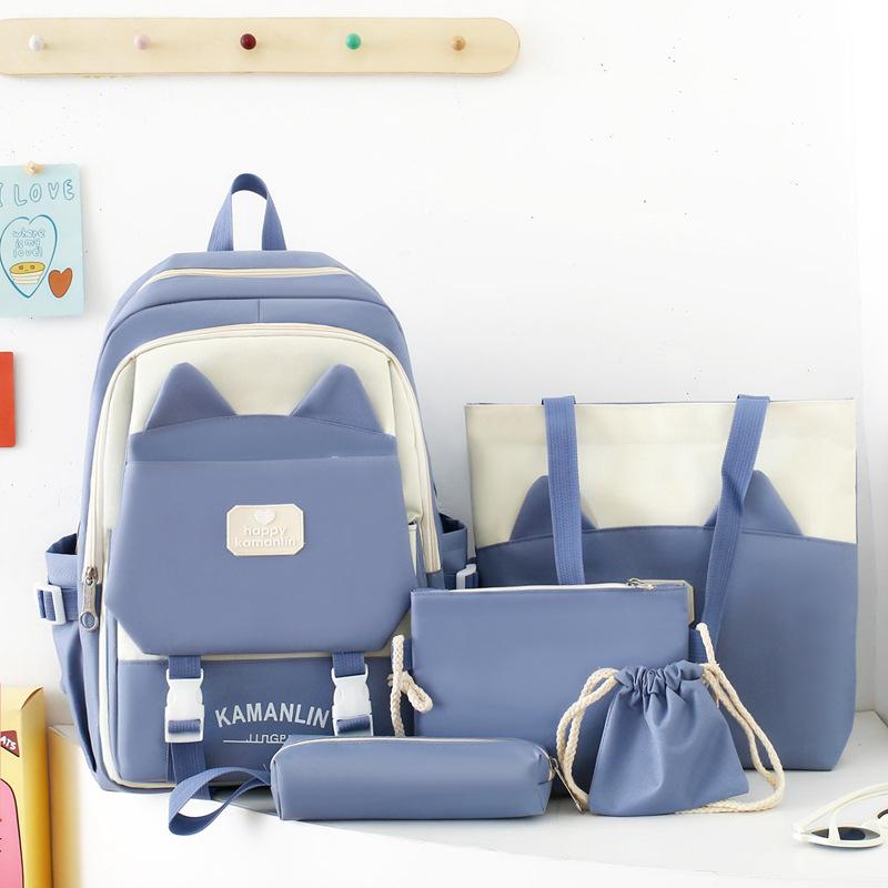 

Легкий и вместительный школьный рюкзак для ученицы средней школы, милый женский рюкзак для репетиторства с цветной отделкой, набор из пяти предметов синий