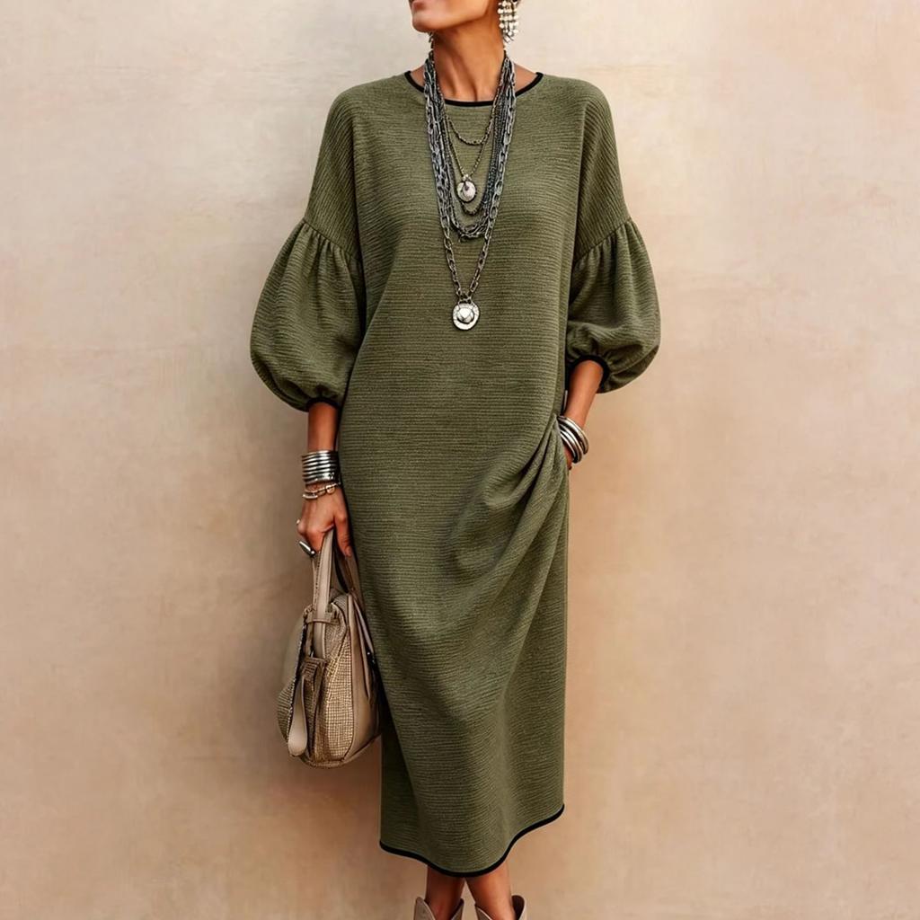 Abito midi elegante da donna con scollo rotondo e maniche a sbuffo per festa, cocktail, sera