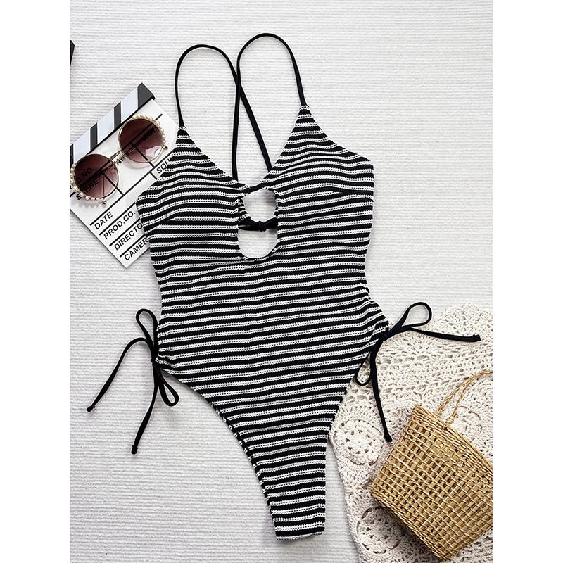 

Сексуальный полосатый слитный купальник женский с глубоким V-вырезом, вырезами, кулиской на спине и открытой спиной, пляжная одежда для плавания S чёрный