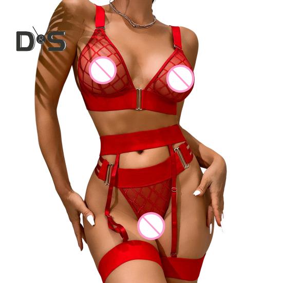 3 Pcs/Set Bra Briefs Set with Garter Fishnet Lace Multi Straps Hollow Out Thin High Waist Wedding Night Honeymoon Valentines Day Underwear Set