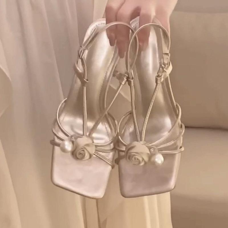 New Party Sandals Women 2025 Female Shoes Buckle Strap Women's Sandals Pearl Floral Square Toe High Heels Shoes Women