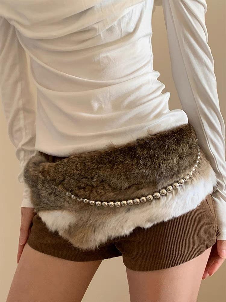 Sparkly Rhinestone Faux Fur Patchwork Waist Belt with Pin Buckle - Y2K Leather Eyelet Design