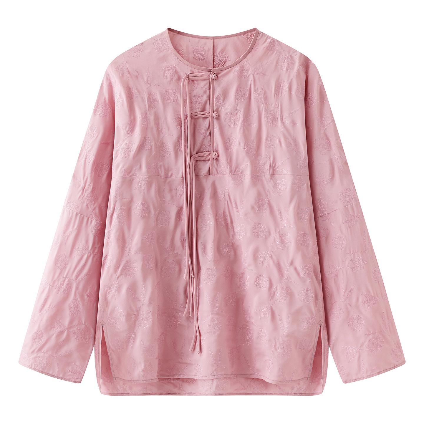 

Pre-order Spring 2026 Women s Loose Retro Chinese Embroidery Flower Long Sleeve Shirt Small рожевий
