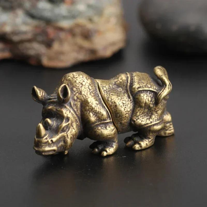 Pure Copper Miniatures Lucky Rhino Statue Figurines Desk Decorations Vintage Brass Animal Statue Home Decor Ornaments Crafts