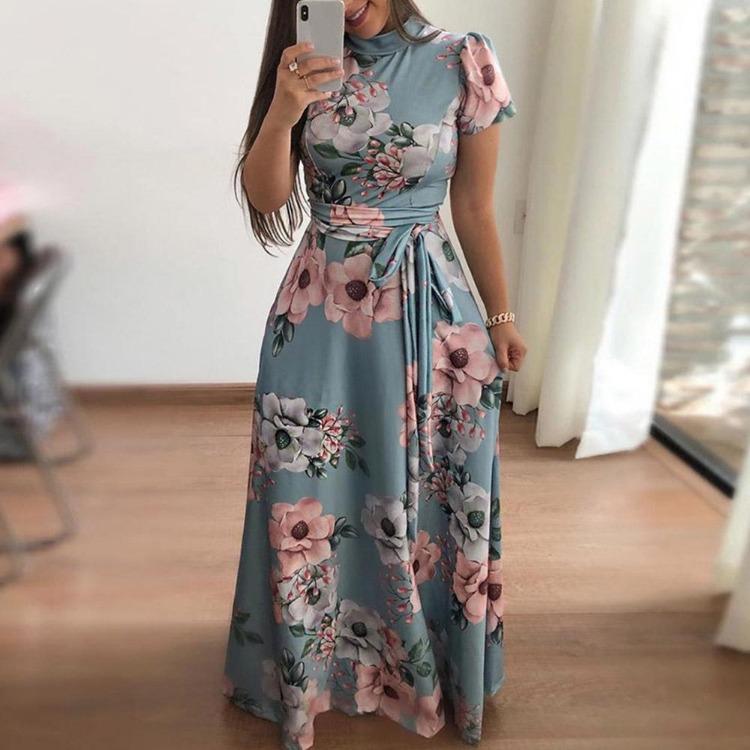 Elegante Abito Lungo Estivo con Stampa Floreale Donna Maxi Tunica Festa Serale Abito da Sole