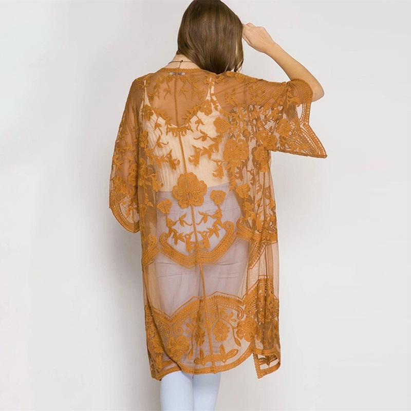 Summer New Lace Bikini Cover Up Sexy Sheer Mesh Embroidered Elegant Dress Casual Beach Cardigan Women Swimwear Cover Up Q894