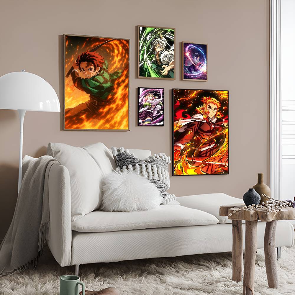 Japanese Anime Demon Slayer Self-adhesive Art Poster Retro Kraft Paper Sticker DIY Room Bar Cafe Stickers Wall Painting