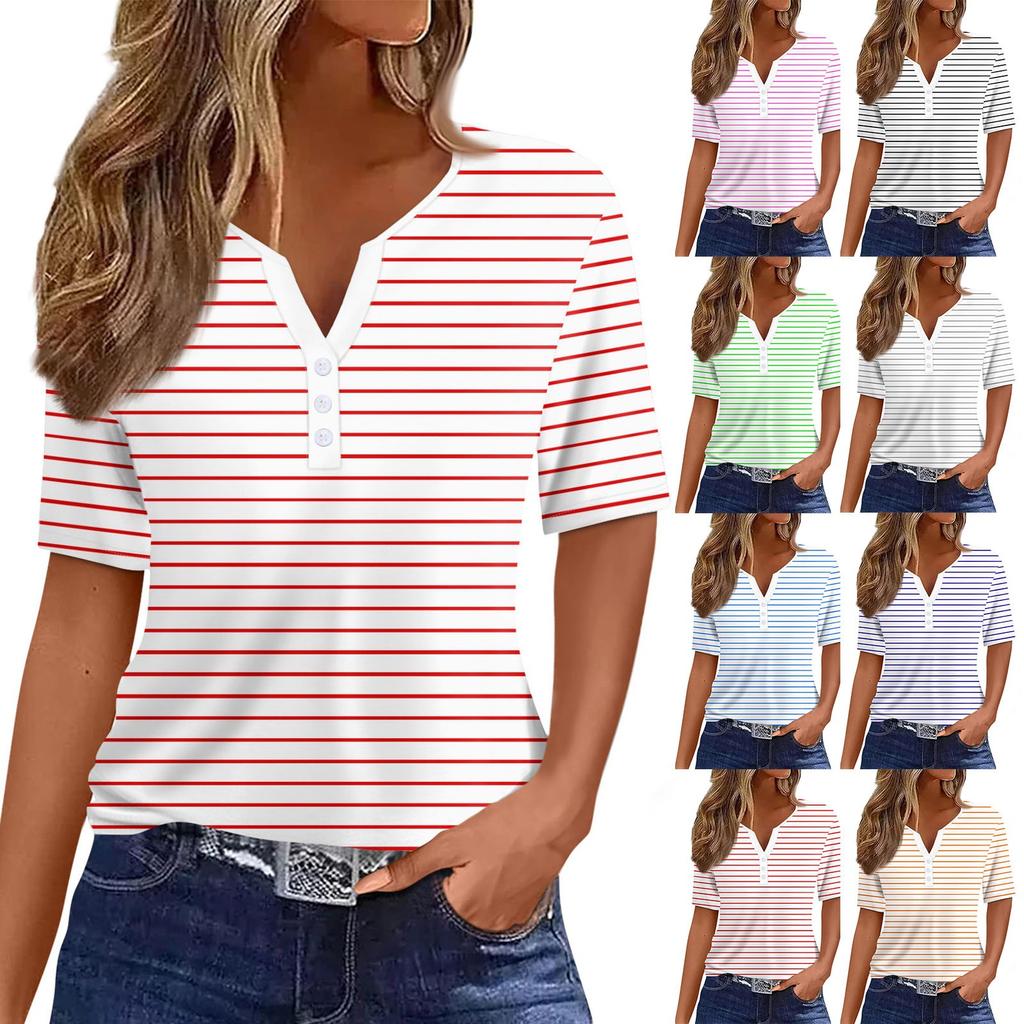 Women's Casual  Printed V-Neck Short Sleeve Decorative Button T-Shirt Top