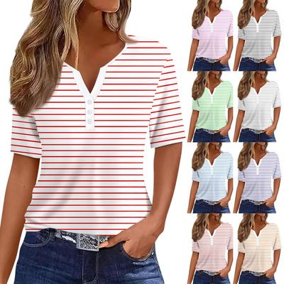 Women's Casual  Printed V-Neck Short Sleeve Decorative Button T-Shirt Top