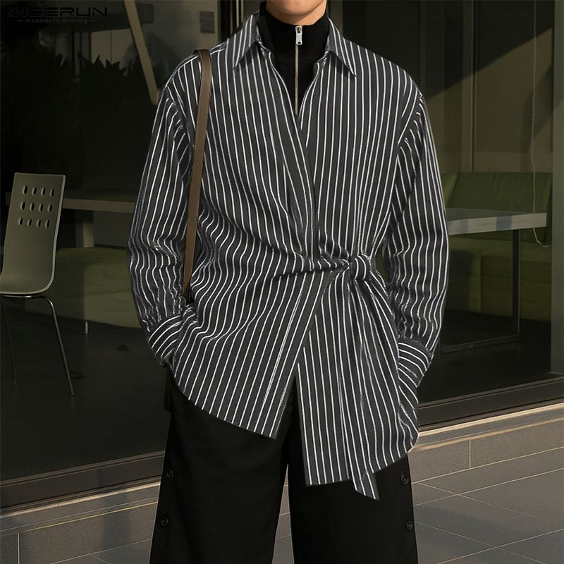 INCERUN Men Spring Turn Down Collar Long Sleeve Side Twisted Striped Print Shirts Tops