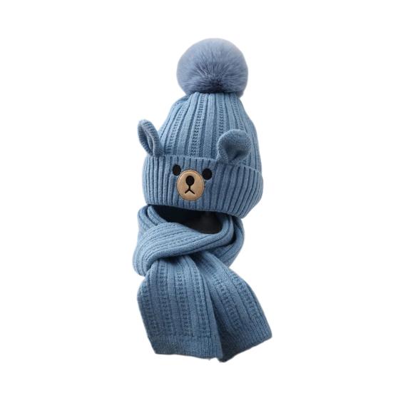 2Pcs/Set Children Hat Scarf Set Plush Ball Decor Bear Pattern Thickened Soft Touch Windproof Kids Knitting Hat Long Scarf Set