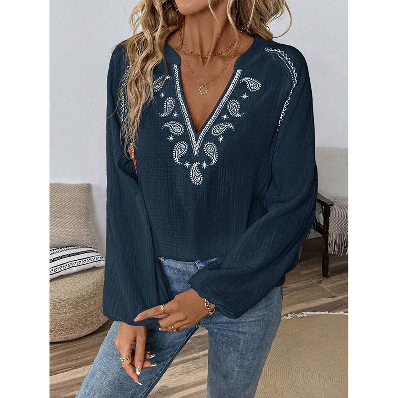 Women's Blouses Spring Fall New Style Fashion Design V-neck Embroidered Cotton Top Women Loose Casual Shirts Clothing