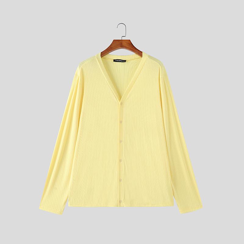 INCERUN Oversized Men Round Neck Long Sleeve Texture Plain Buttons Casual T-shirts Tops