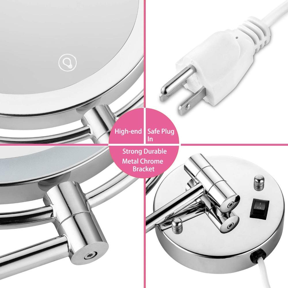 Wall-mounted Lighted Makeup Mirror, 8-inch Double-sided 1x and 5x Magnification, for Bathroom Use, 11-inch Extendable Arm, 360° Rotation