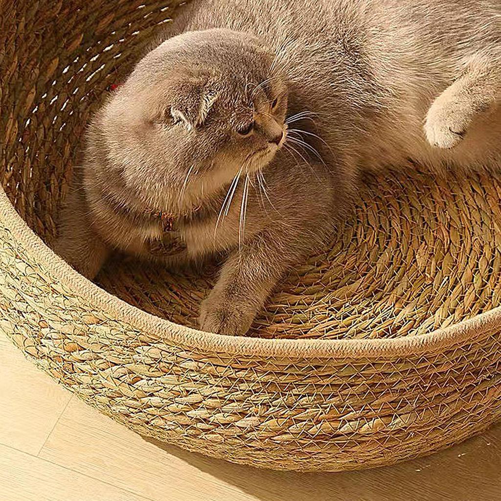 Woven Cat Bed Handmade Vine Woven Cat Nest Seasonal Warmth Pad Cat Bed Cotton Rope Round Bed for Cat Sleep with Pillow