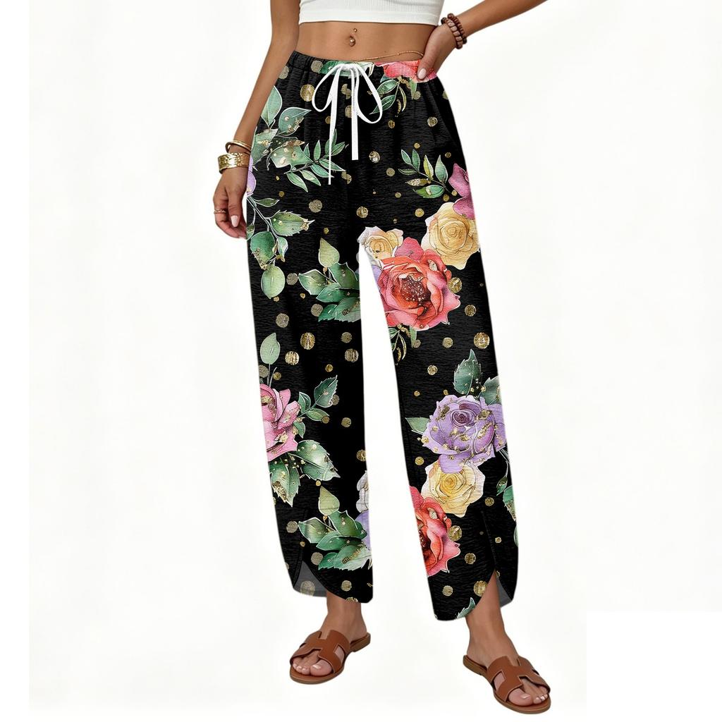 Women’s Casual Loose Straight Leg Wide Leg Pants Drawstring Waistband Printed Trousers Lightweight Relaxed Fit for Daily Wear