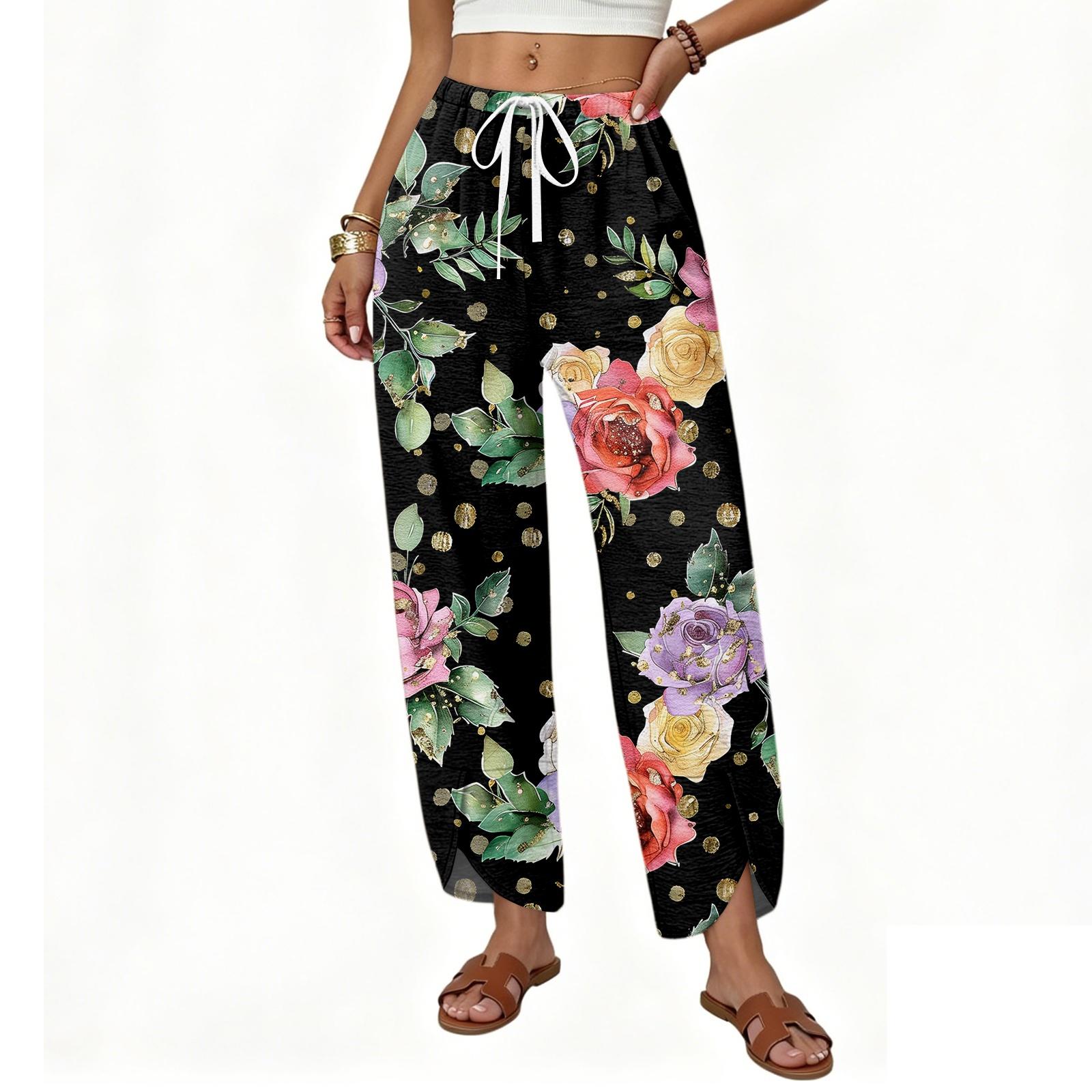 Women’s Casual Loose Straight Leg Wide Leg Pants Drawstring Waistband Printed Trousers Lightweight Relaxed Fit for Daily Wear S