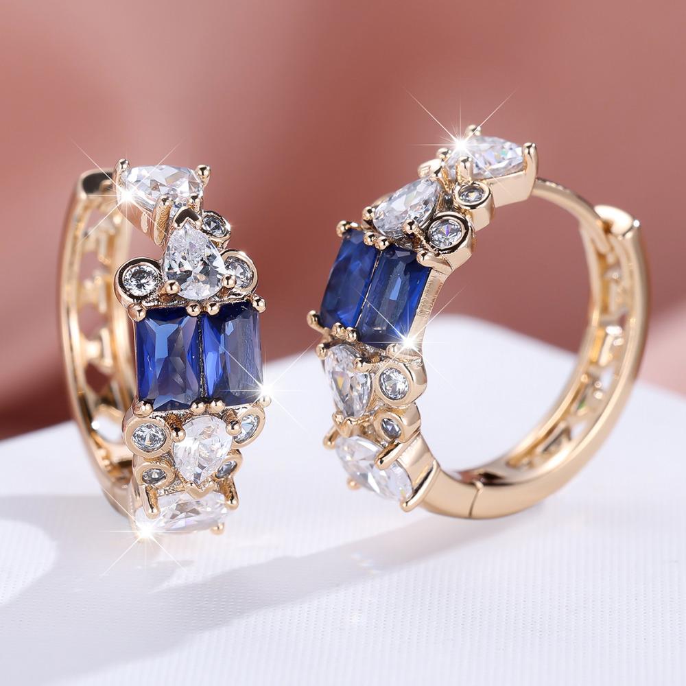 Exquisite White Blue Red Zircon Hoop Earrings for Women Luxury Gold Color Wedding Circle Earrings Jewelry Gift