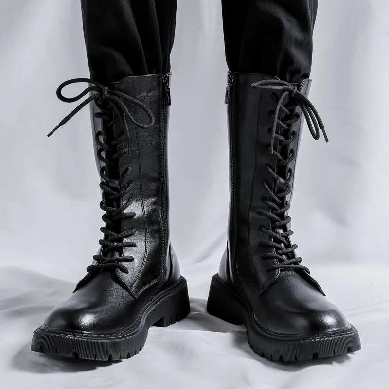 Men's High-Top Genuine Leather Boots British Style Casual Riding Boots Fashionable Motorcycle Boots Thick Sole Zipper Work Shoes