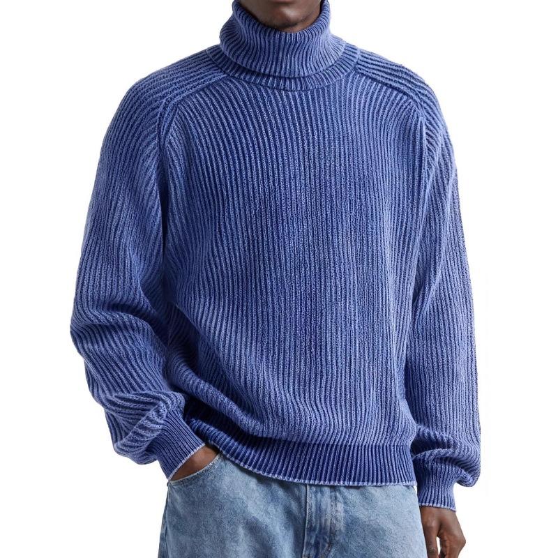 Mens Ribbed Knit Turtleneck Sweater Casual Washed Solid Color Loose Fit Pullover